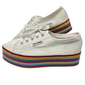 Superga Womens White Canvas Sneakers With Rainbow Platform Sole